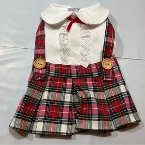 Dog PLAID SKIRT fall DRESS Pleated White Lace Top Red Bow Catholic School Girl M